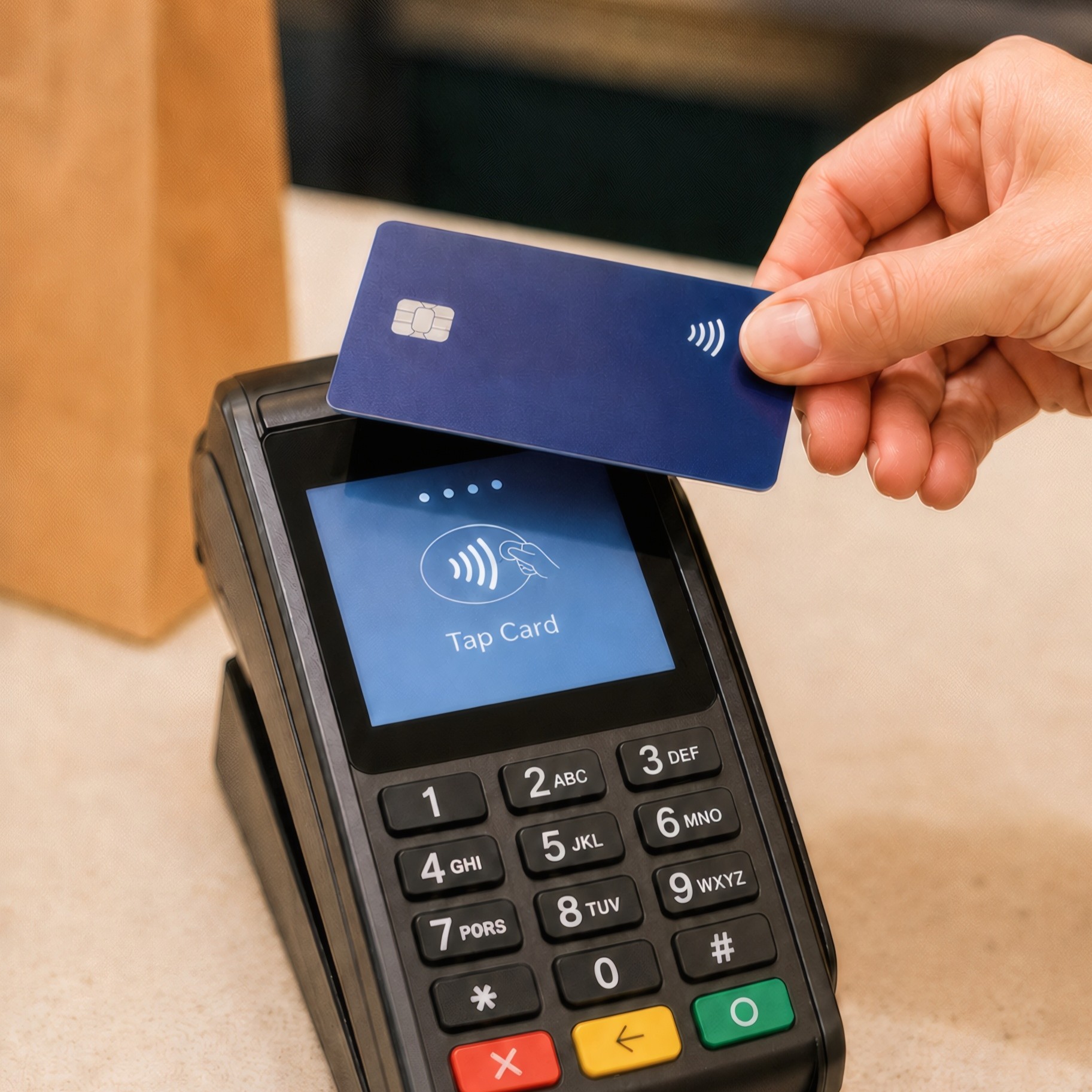 بطاقة بشريحة يتم تمريرها على جهاز نقاط البيع (POS).
