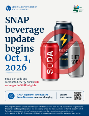 The main hero flyer for the SNAP Beverage Update, which includes pictures of soda and energy drink cans.